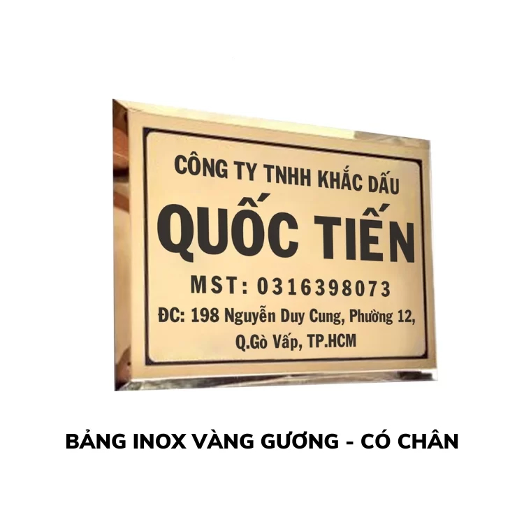 Bảng inox vàng giương có chân | Con dấu Quốc Tiến